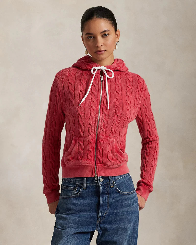 Kapuzensweatjacke aus Baumwolle im Zopfstrick