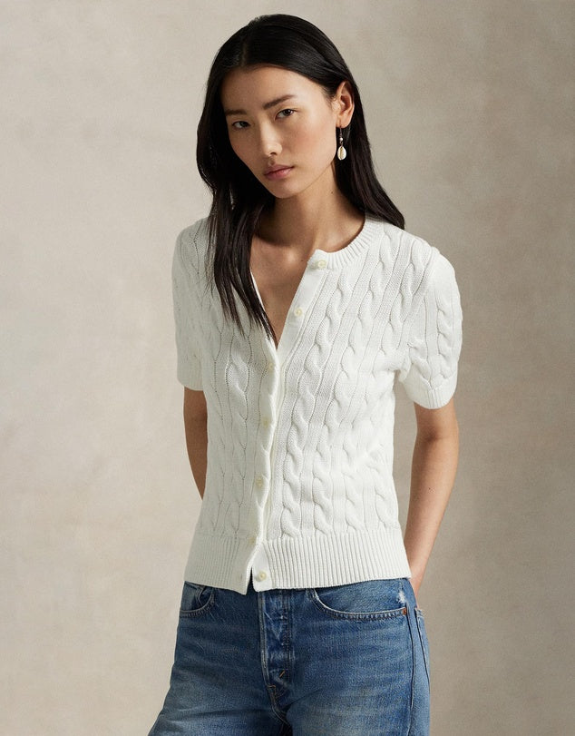 Kurzarm-Cardigan aus Baumwolle im Zopfstrick